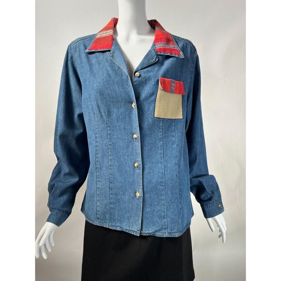 Vintage Denim Shirt With Red Plaid Collar & Pocket Button-Up Size M/L By Thoma 1 - Picture 8 of 16
